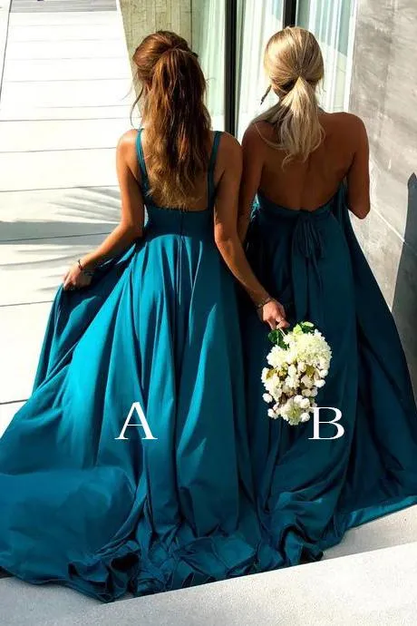 Blue Simple V-neck Long Bridesmaid Dresses with Side Slit, Wedding Party Dress, BD83