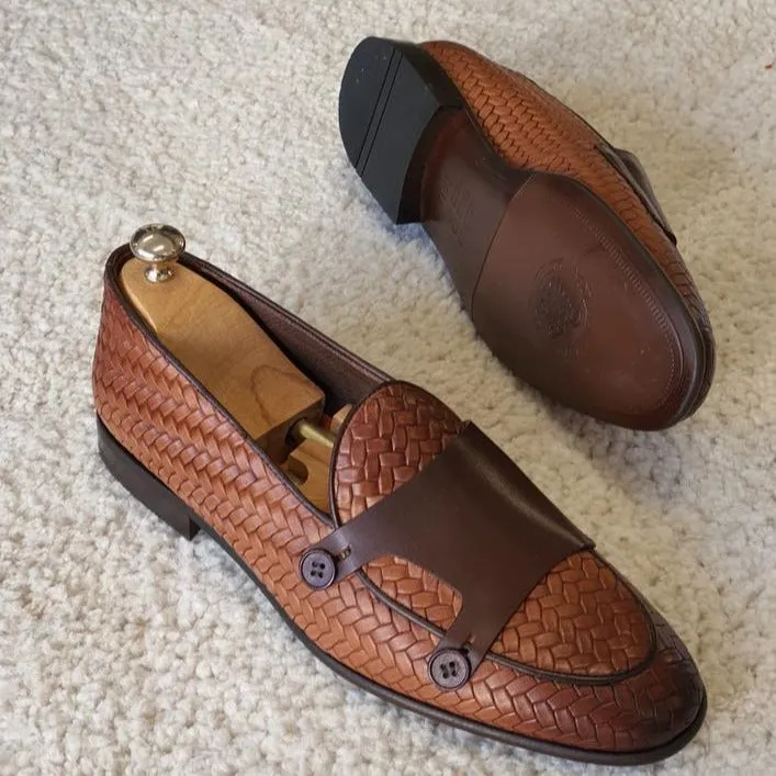 Bristol Tan Woven Leather Double Monk Strap Loafers Shoes