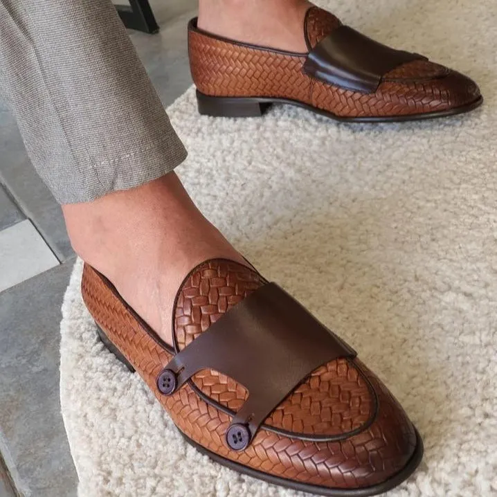 Bristol Tan Woven Leather Double Monk Strap Loafers Shoes