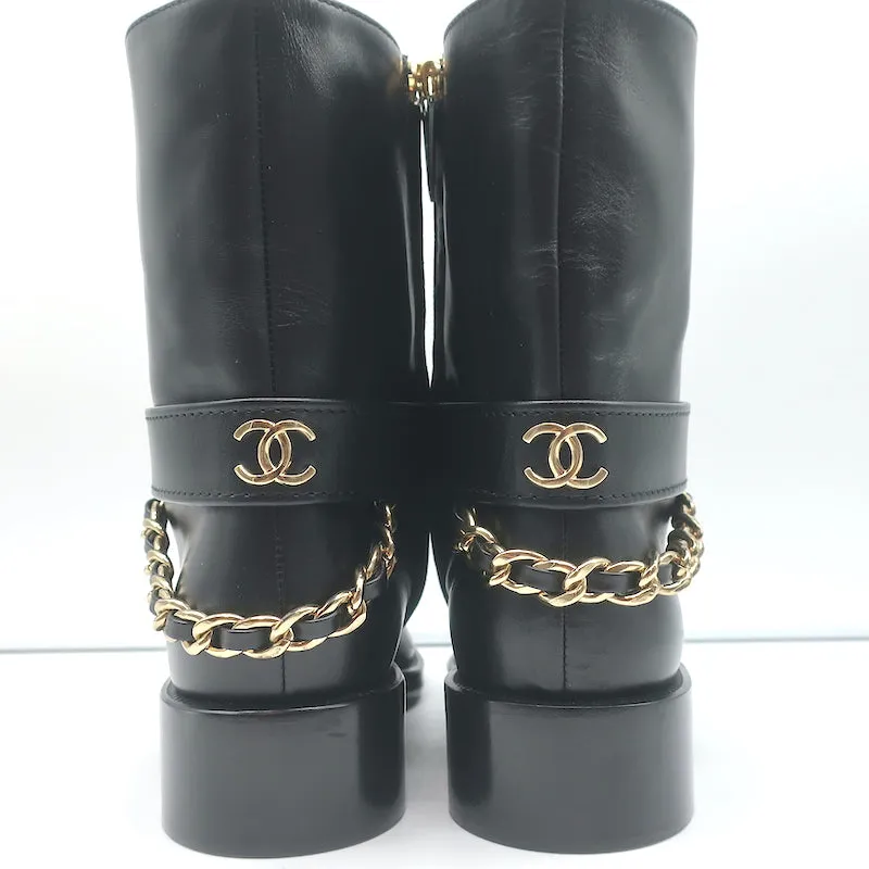 Chanel 22A CC Chain Short Riding Boots Black Leather Size 39 Ankle Boots