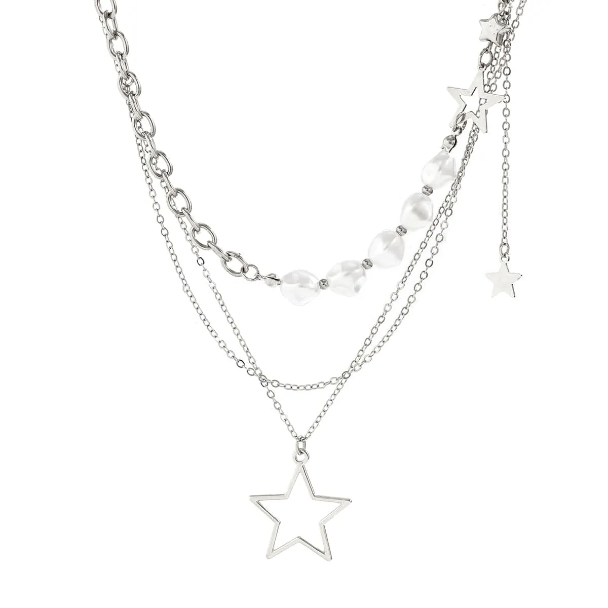 Chic Layered Starry Pendant Pearl Chain Necklace Set