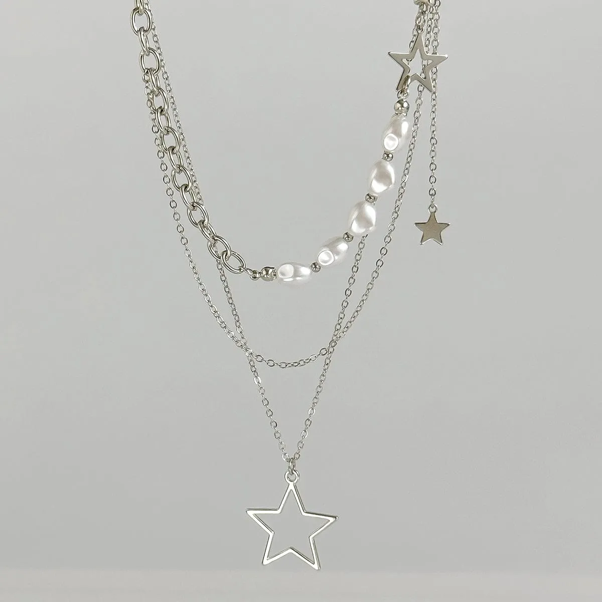 Chic Layered Starry Pendant Pearl Chain Necklace Set
