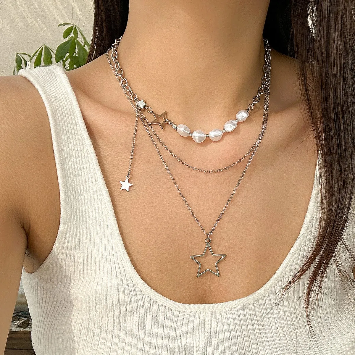 Chic Layered Starry Pendant Pearl Chain Necklace Set