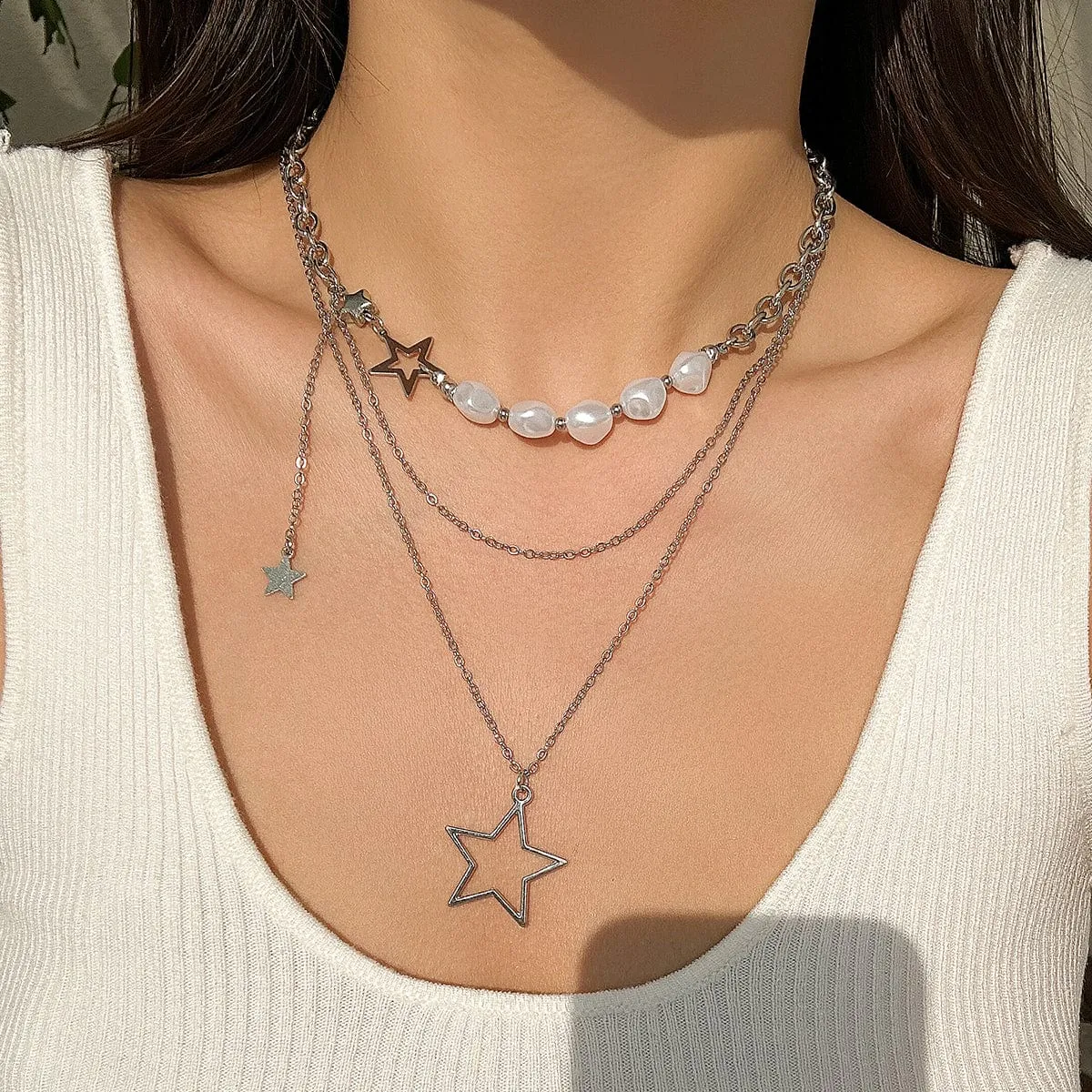 Chic Layered Starry Pendant Pearl Chain Necklace Set