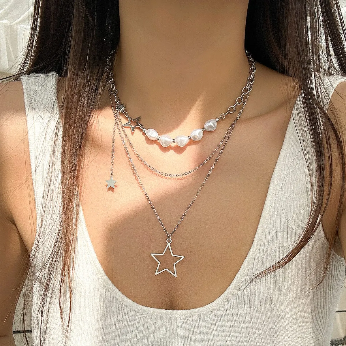 Chic Layered Starry Pendant Pearl Chain Necklace Set