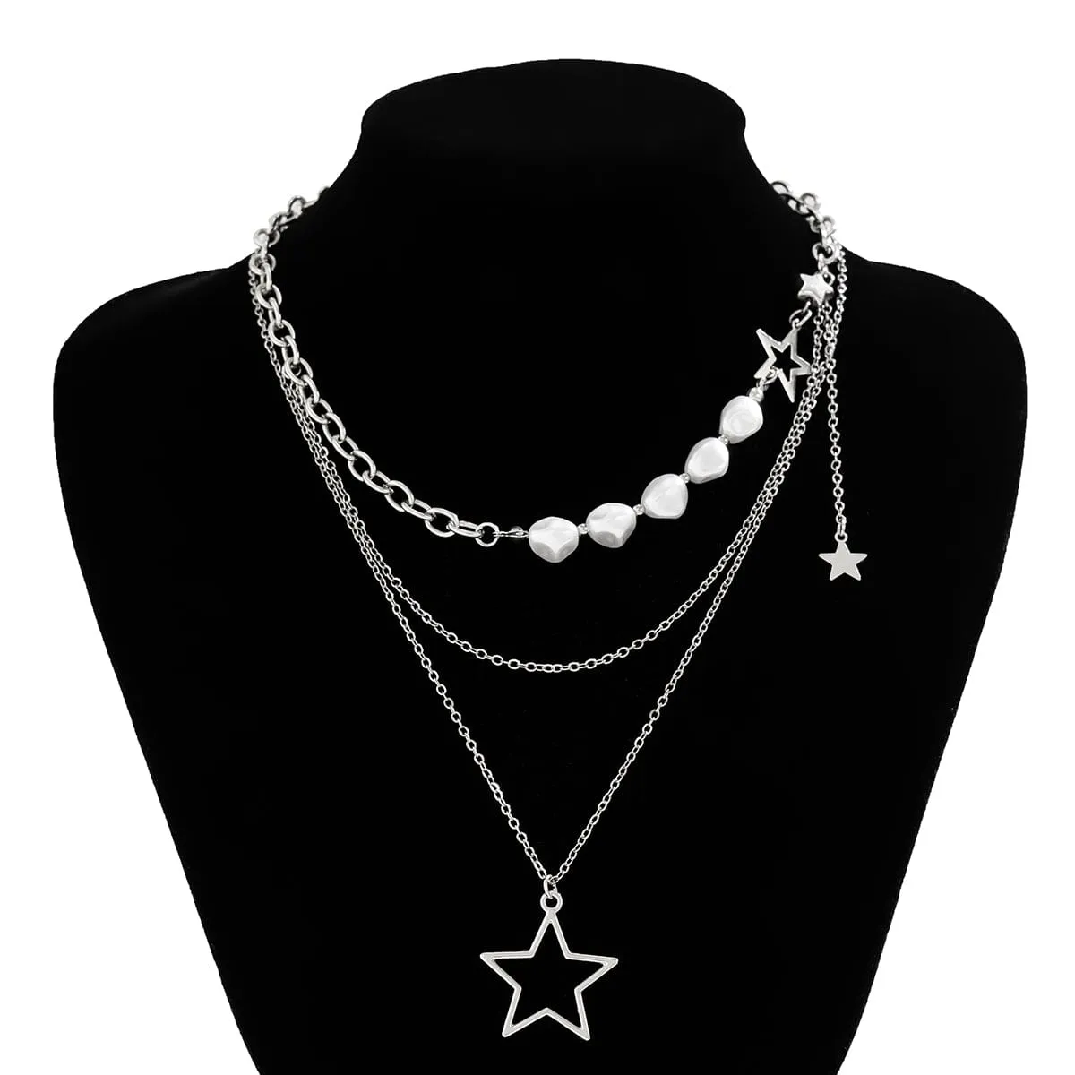 Chic Layered Starry Pendant Pearl Chain Necklace Set