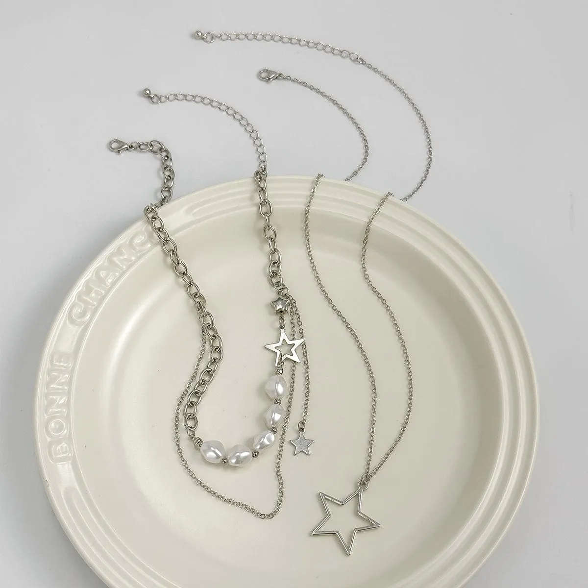 Chic Layered Starry Pendant Pearl Chain Necklace Set