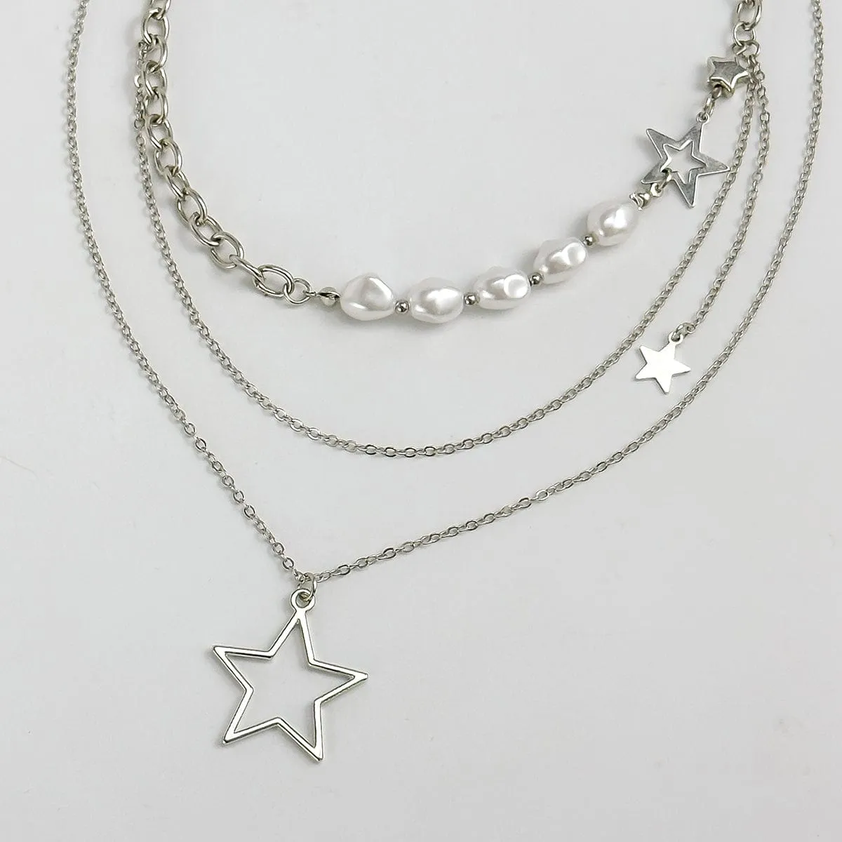 Chic Layered Starry Pendant Pearl Chain Necklace Set