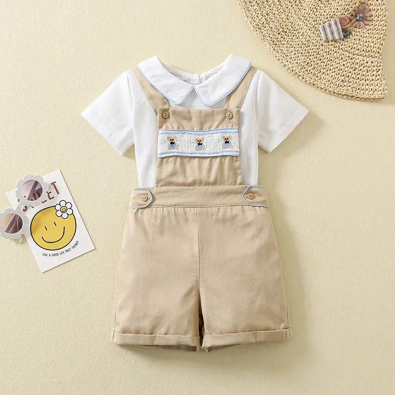 Cotton Collar T-shirt and Dungaree Shorts Set