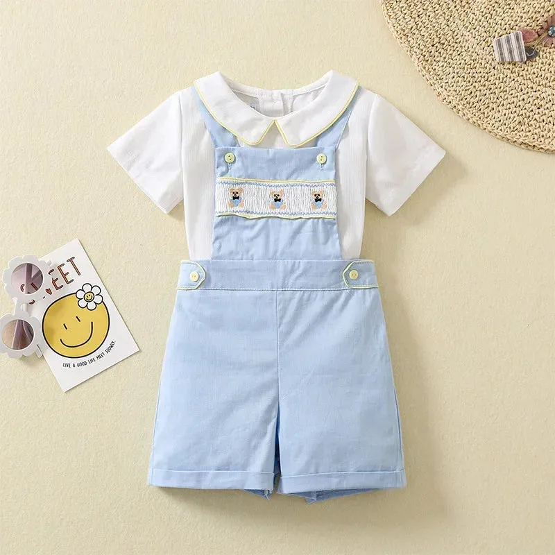 Cotton Collar T-shirt and Dungaree Shorts Set
