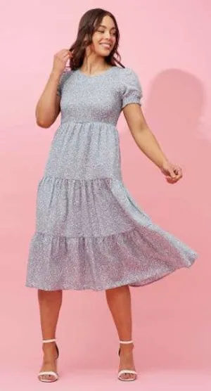 Grey Floral Midi Dress