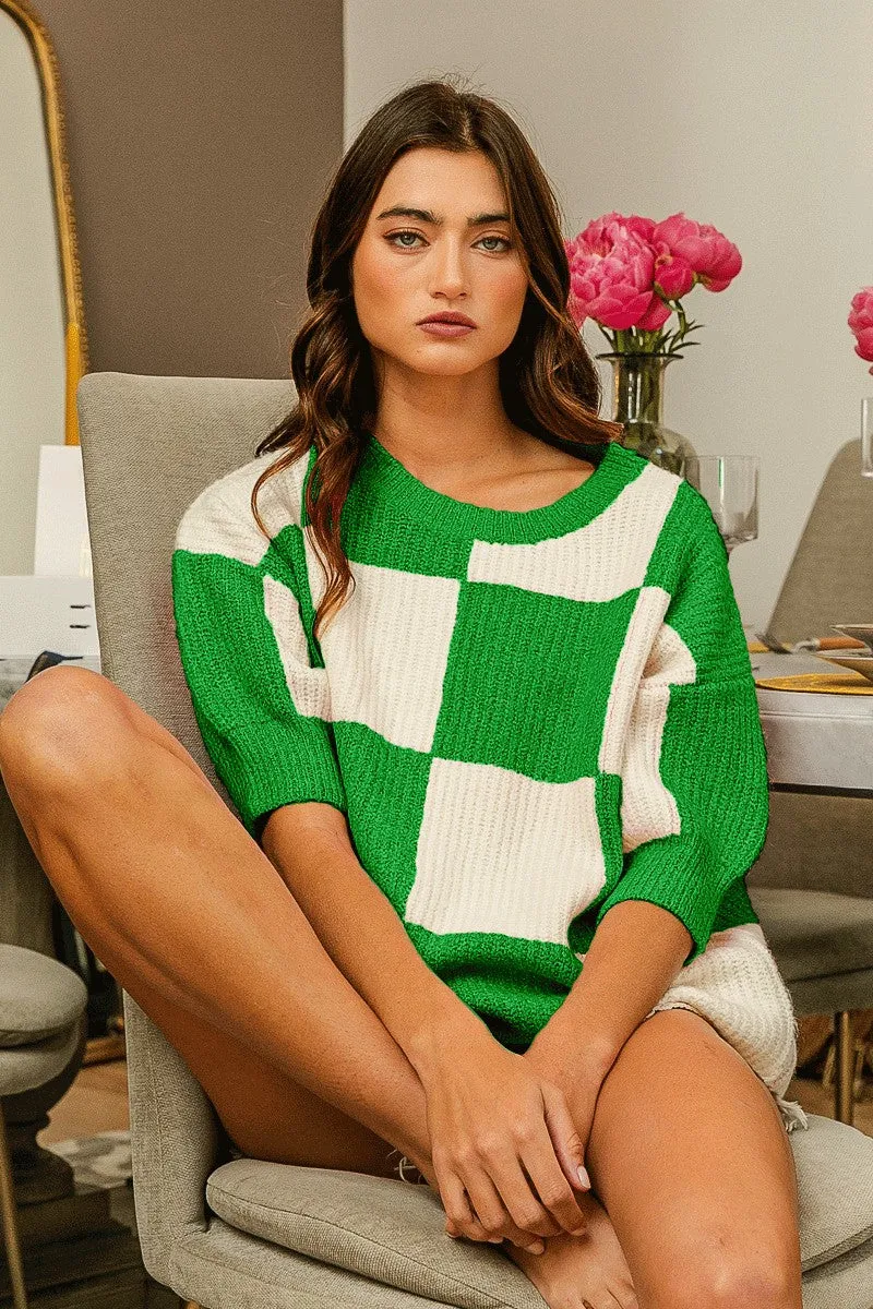 Hazel Blues® |  BiBi Checkered Contrast Round Neck Sweater