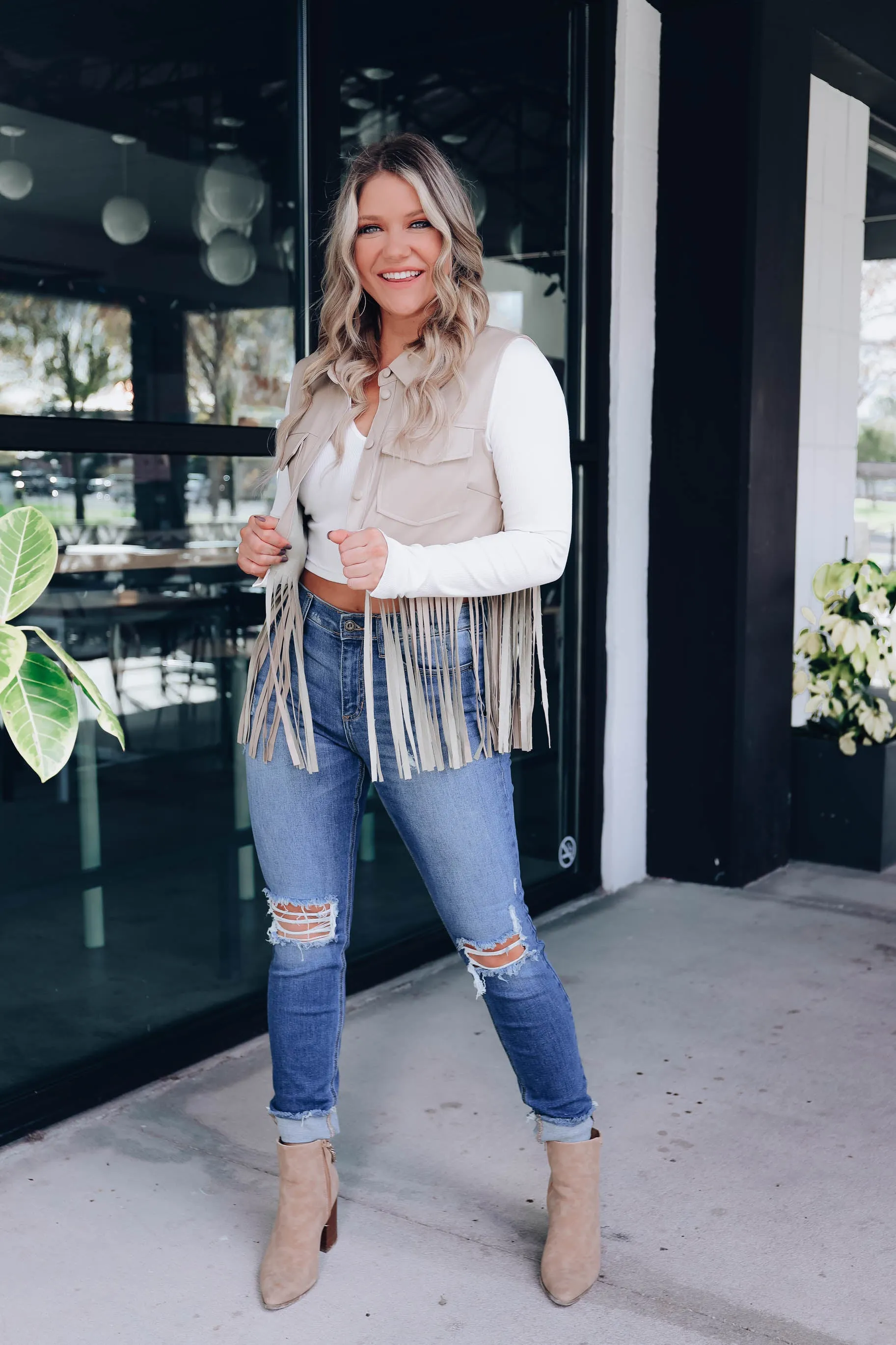 Kit Cropped Faux Leather Fringe Vest