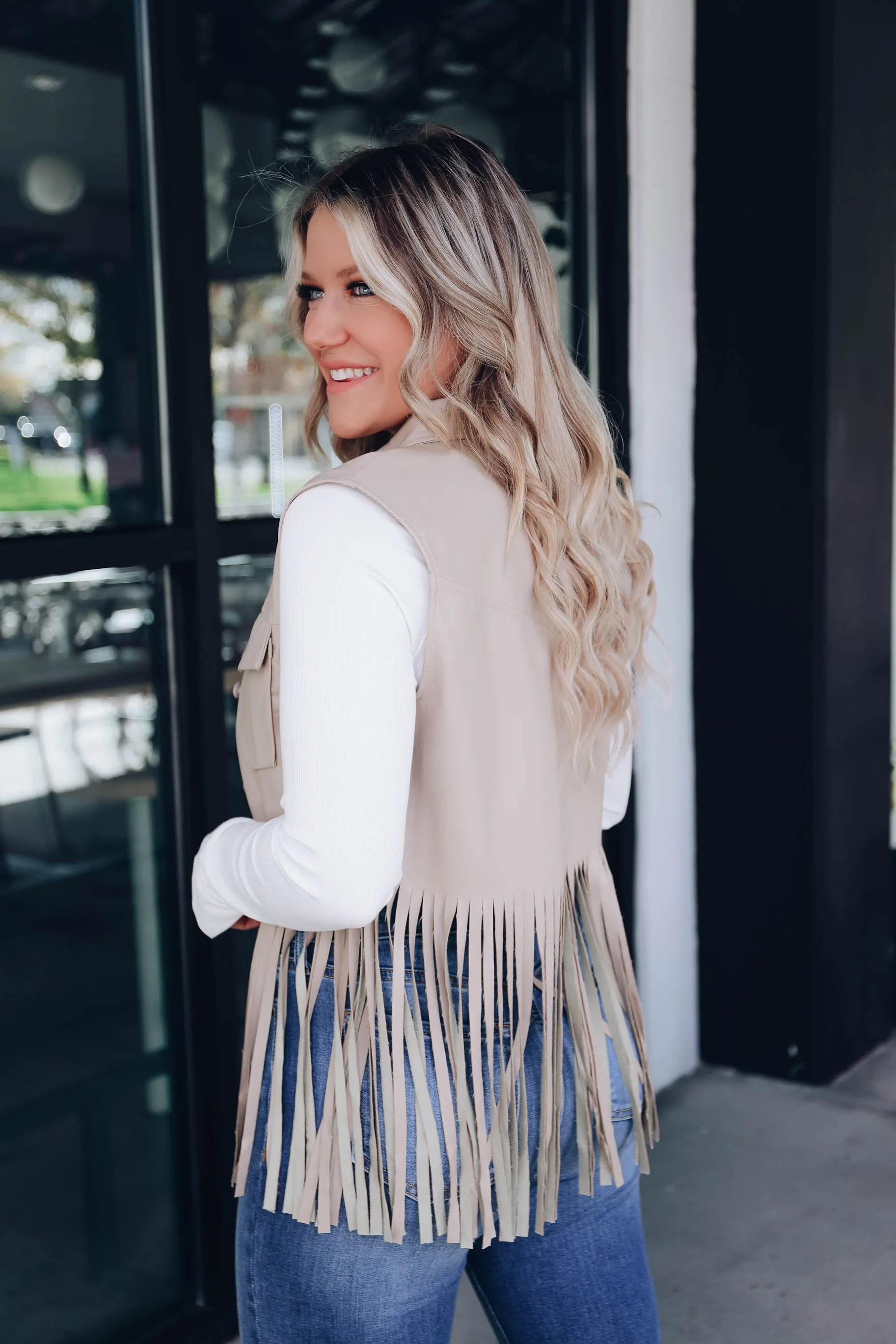 Kit Cropped Faux Leather Fringe Vest
