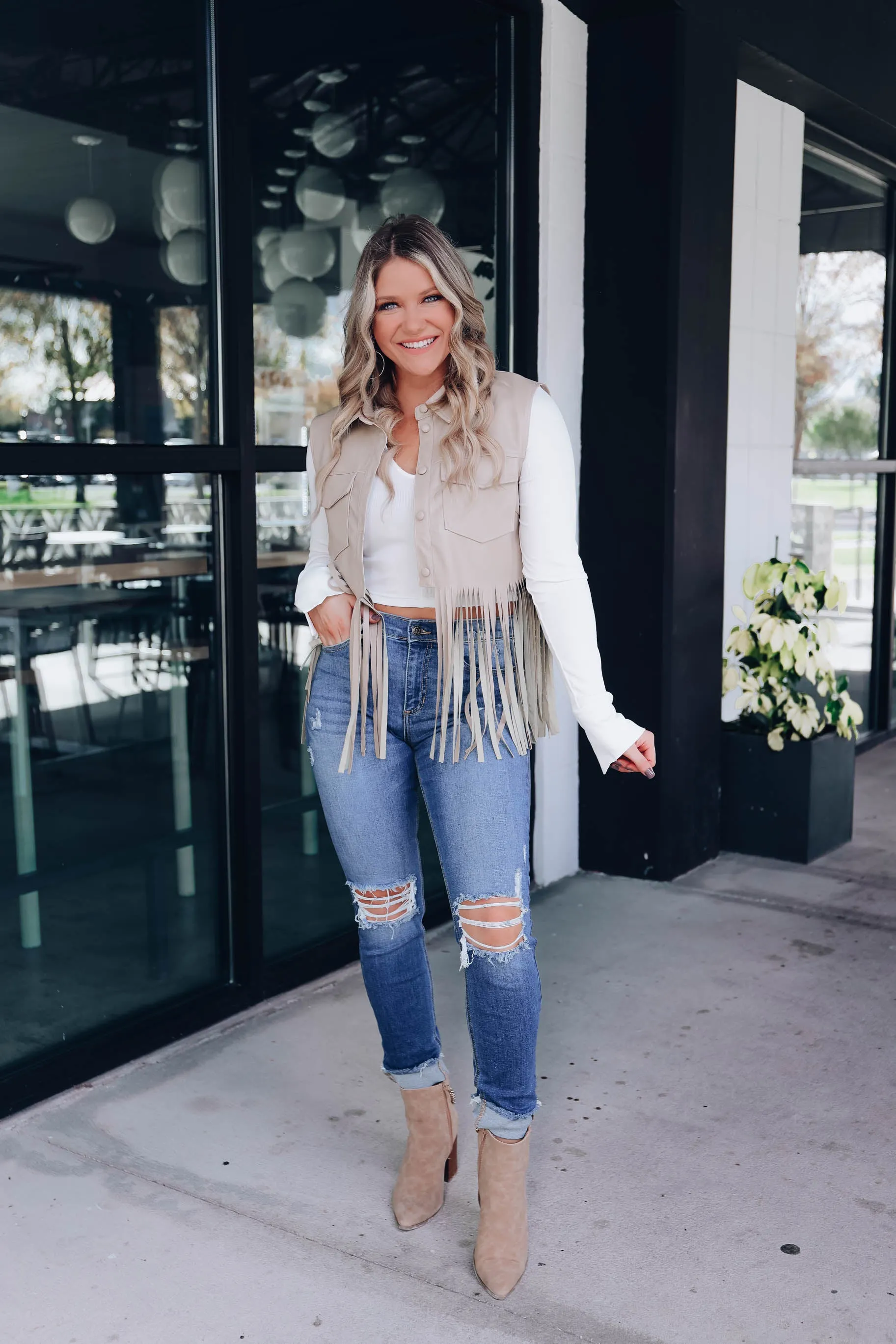 Kit Cropped Faux Leather Fringe Vest