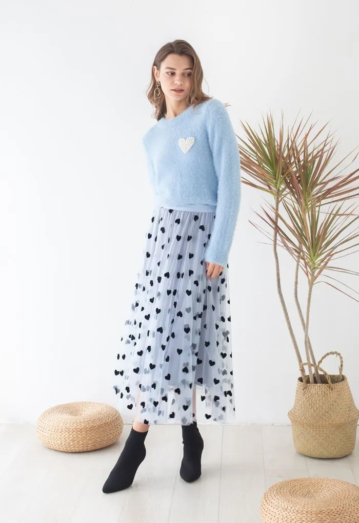 NATALIE | OCEAN BLUE MESH LAYERED SKIRT WITH HEART DESIGN