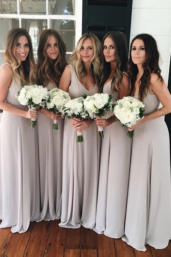V Back Chiffon Sleeveless Bridesmaid Dress, Floor-Length Bridesmaid Dress, BD55