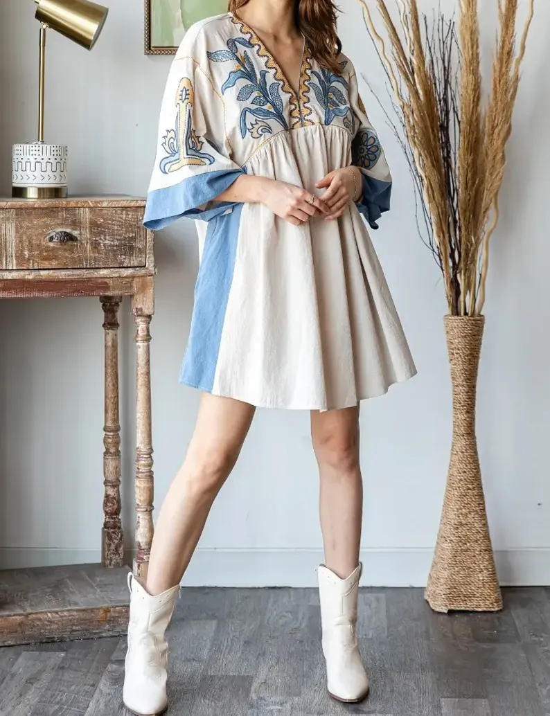 Vintage Blue Embroidery Patch Dress