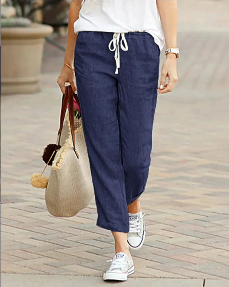 Women’s Trousers – Linen – Relaxed Fit – Drawstring Waist – Full Length Casual Wear