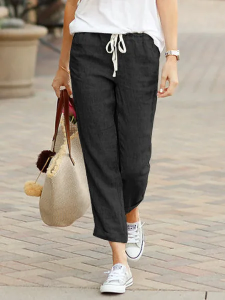 Women’s Trousers – Linen – Relaxed Fit – Drawstring Waist – Full Length Casual Wear