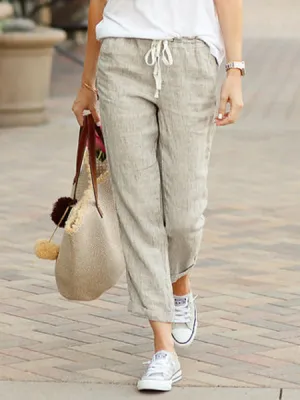 Women’s Trousers – Linen – Relaxed Fit – Drawstring Waist – Full Length Casual Wear