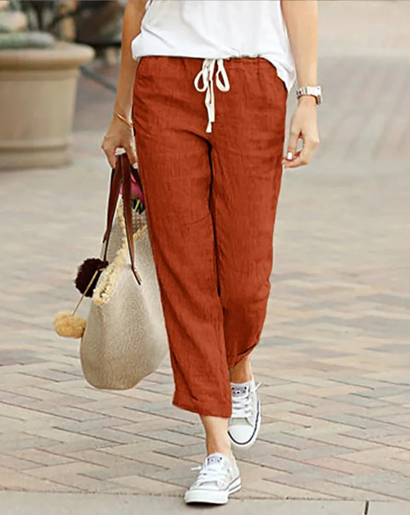 Women’s Trousers – Linen – Relaxed Fit – Drawstring Waist – Full Length Casual Wear